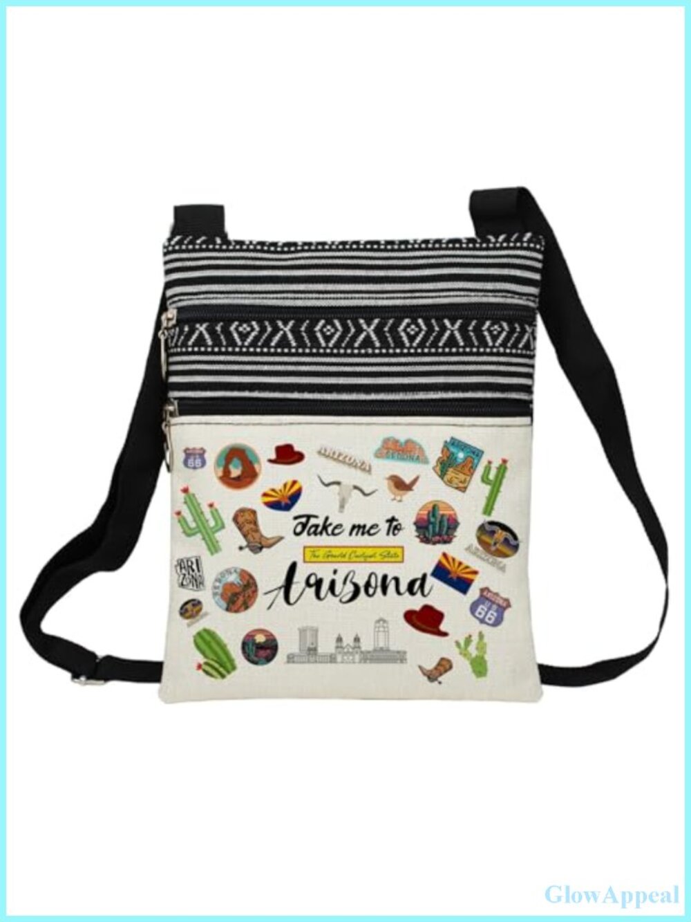 Ethnic Printed Polyester Crossbody Bag Adjustable Strap Zipper Sling Purse